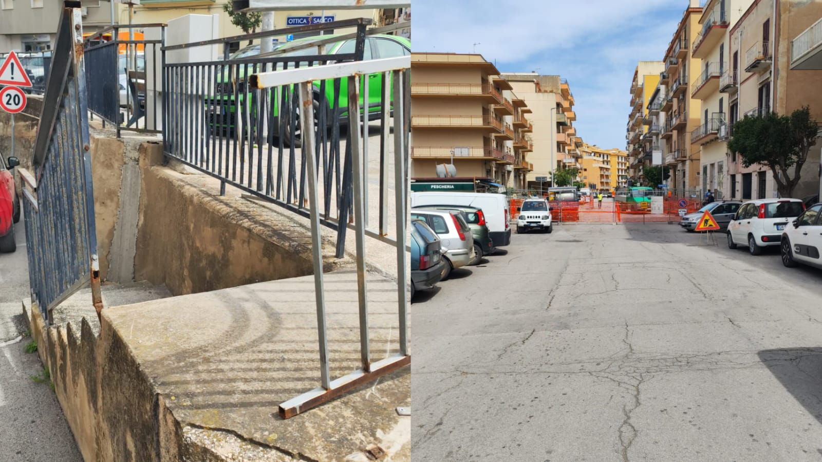 Sciacca, avviato cantiere in via Cappuccini mentre cede un pezzo di ringhiera in via Madonna della Rocca